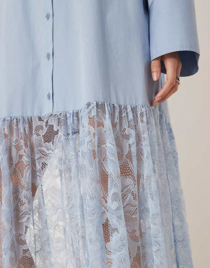 Cotton shirt with lace skirt maxi dress smoky blue