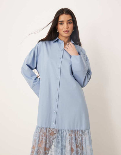 Cotton shirt with lace skirt maxi dress smoky blue