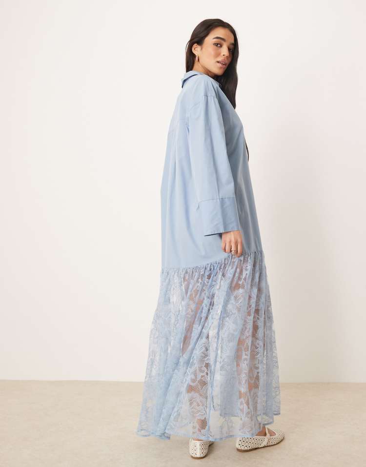 Cotton shirt with lace skirt maxi dress smoky blue