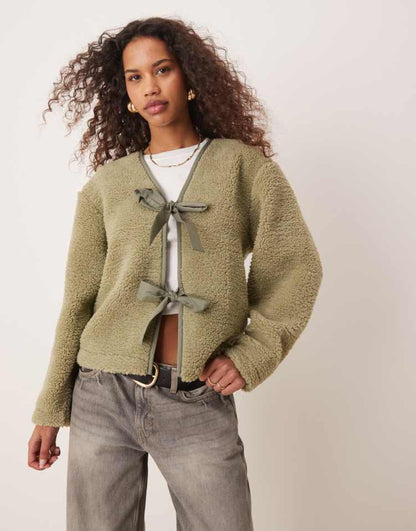 Borg jacket with bow tie details in sage green