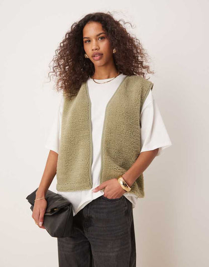 Borg gilet with binding in sage green