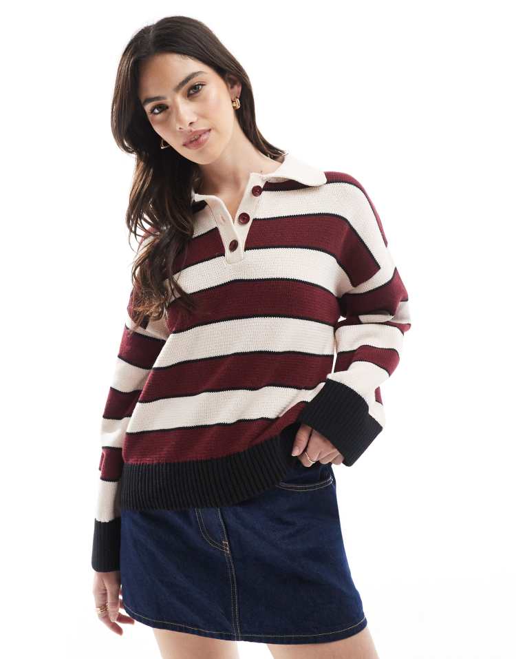 Knitted polo top in burgundy stripe