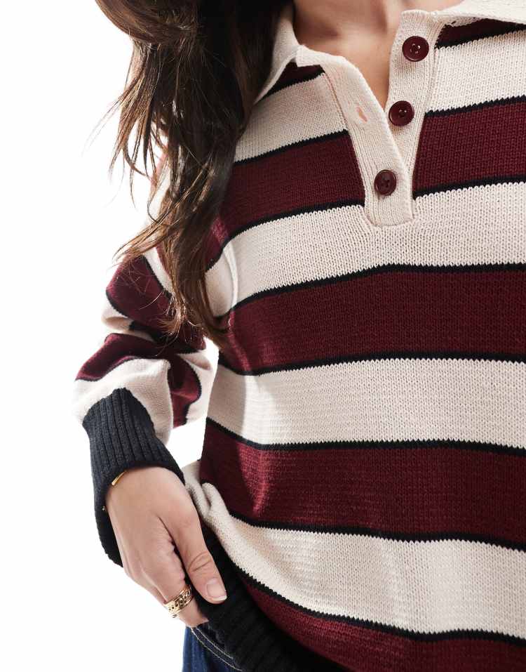 Knitted polo top in burgundy stripe