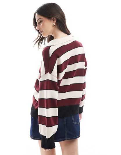 Knitted polo top in burgundy stripe