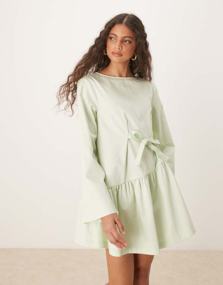 Poplin tied waist mini dress in sage