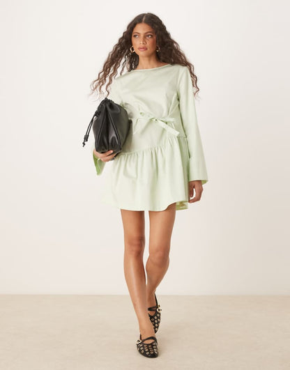 Poplin tied waist mini dress in sage