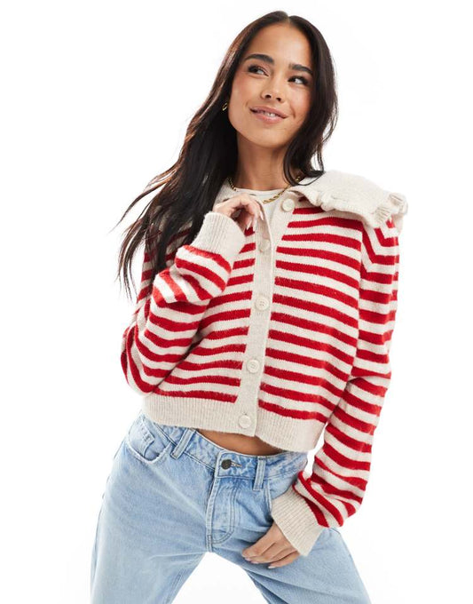 Knitted collared cardigan in red and ecru