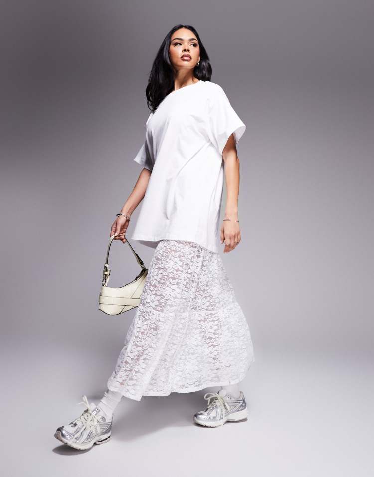 2 in 1 T-shirt midi dress with tiered lace skirt in black and white