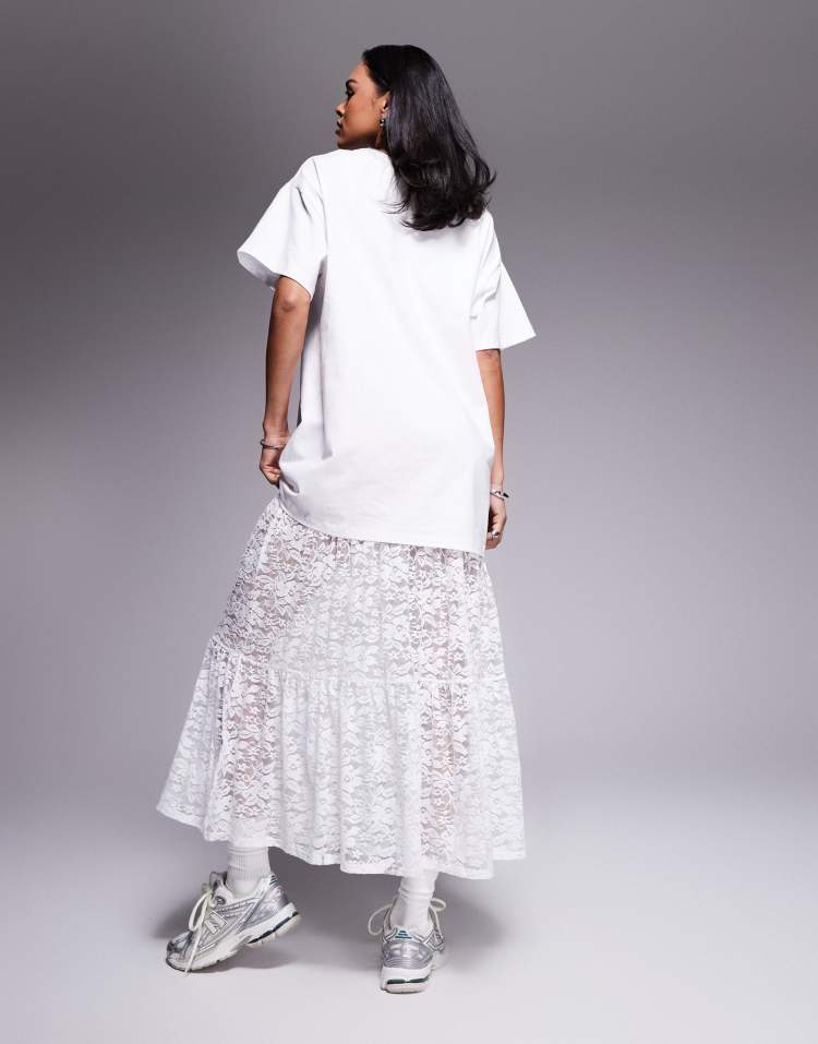 2 in 1 T-shirt midi dress with tiered lace skirt in black and white