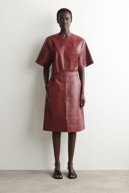Pleated Textured-Leather Midi Skirt