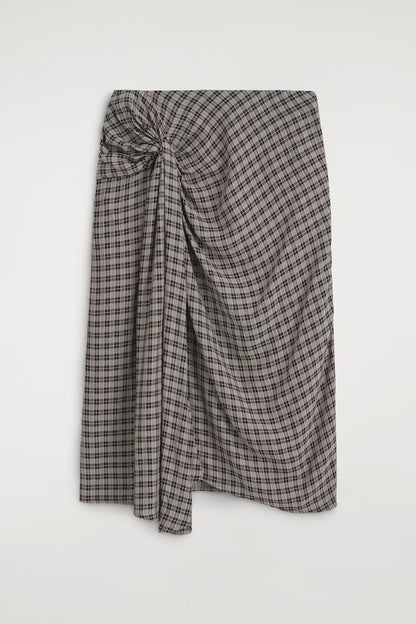 Draped Checked Midi Skirt