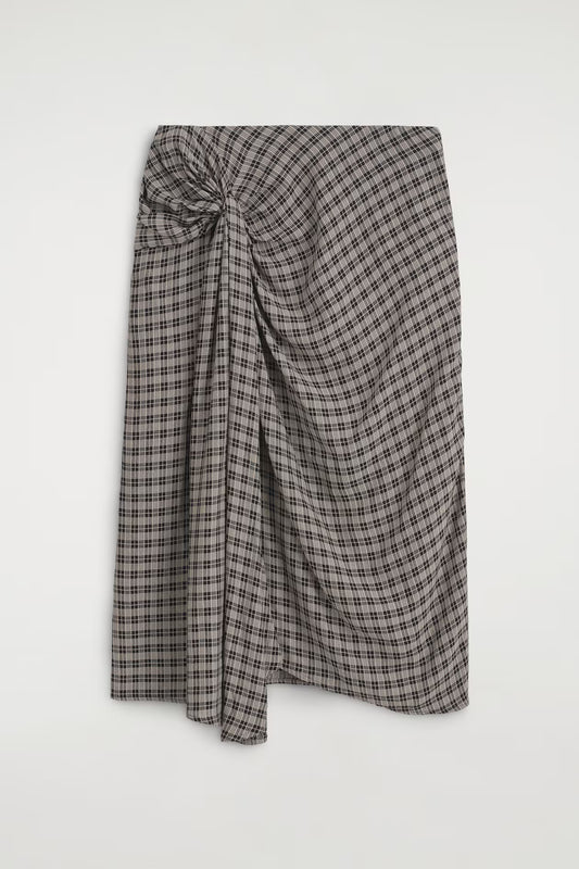 Draped Checked Midi Skirt