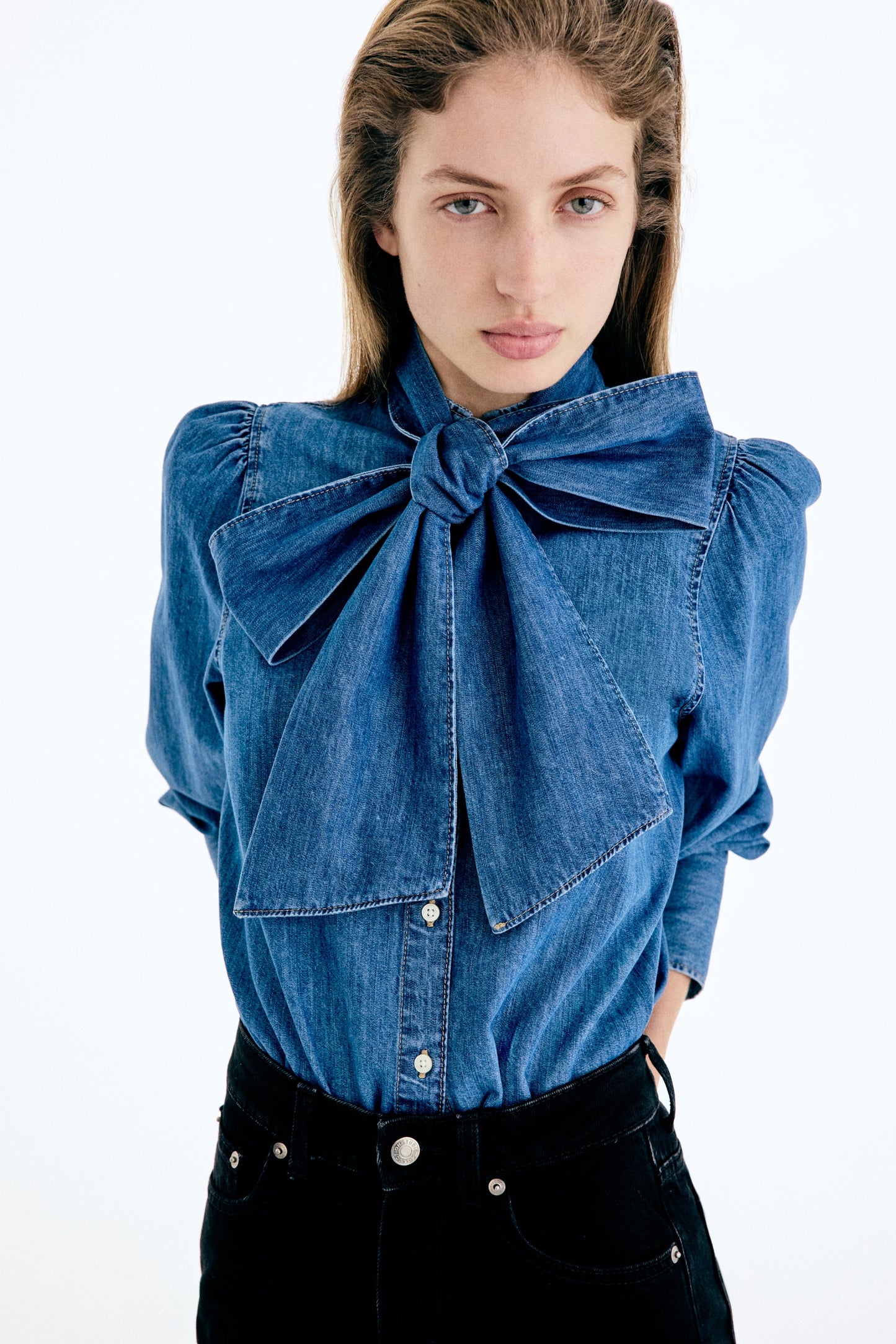 Scarf-detail denim blouse
