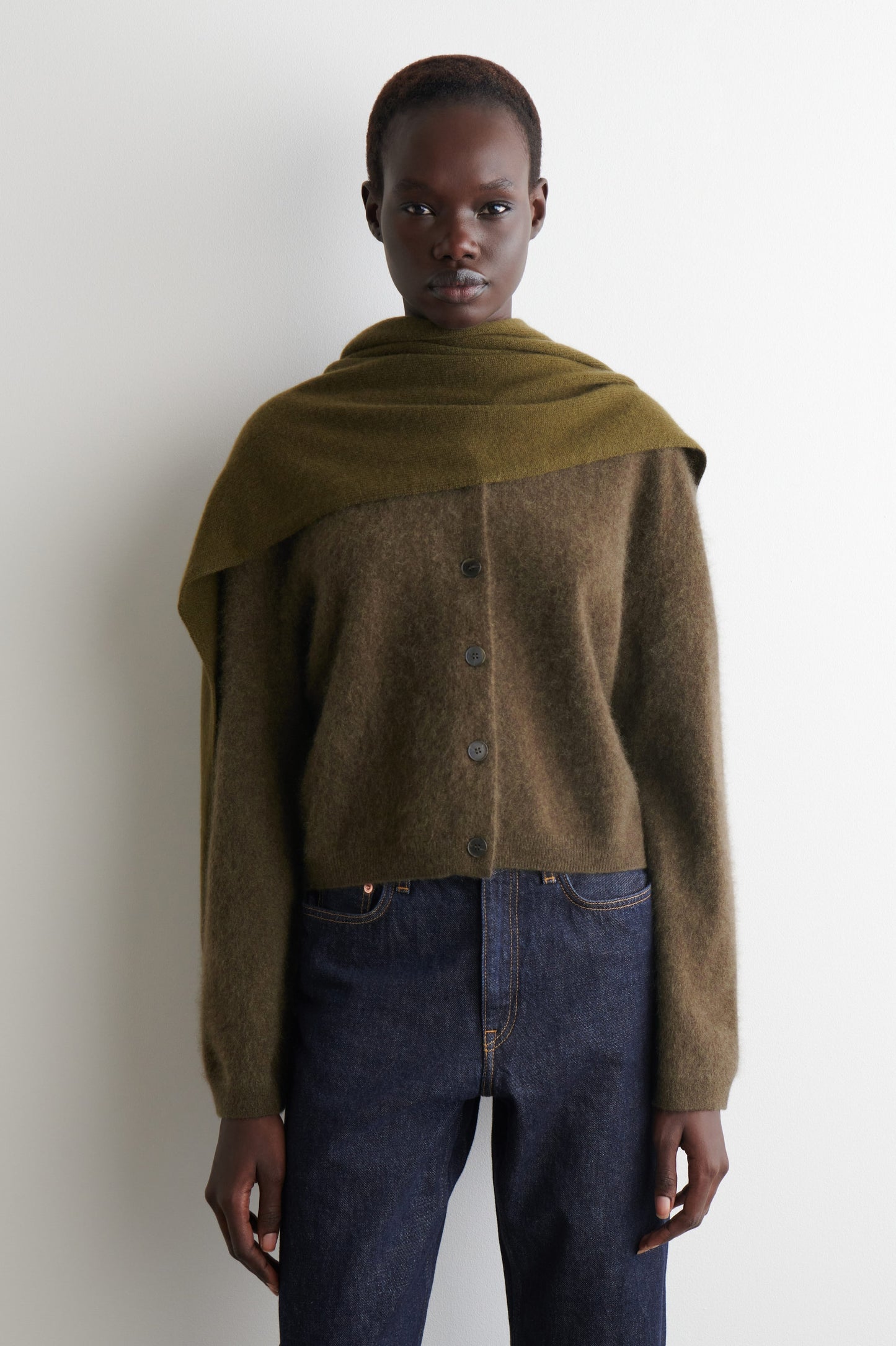 Brushed-Cashmere Crew-Neck Cardigan