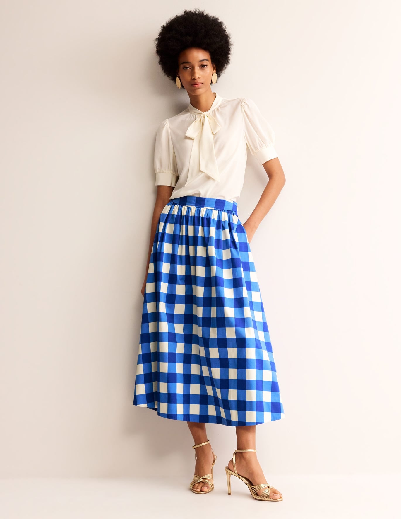 Cotton sateen checked midi skirt