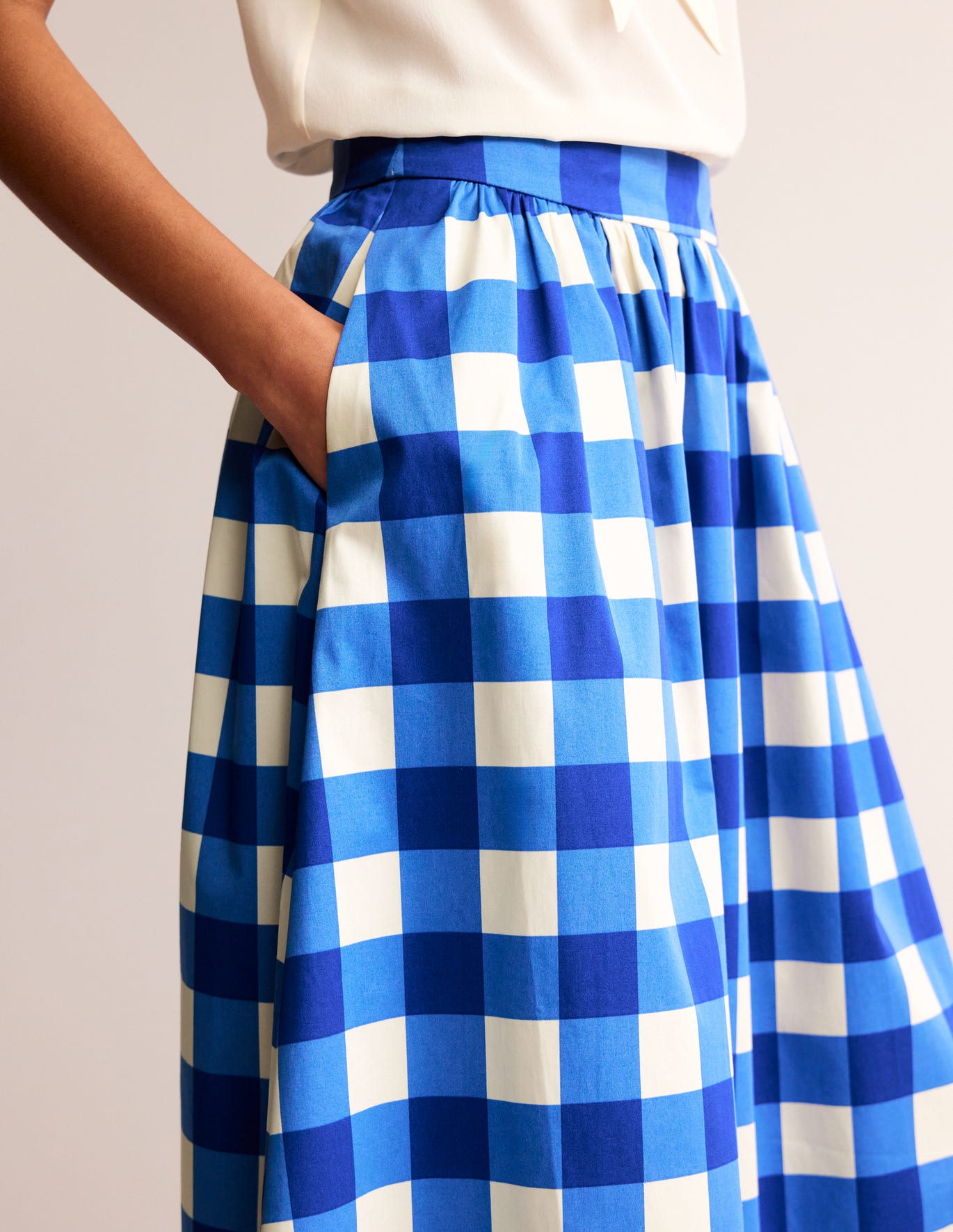 Cotton sateen checked midi skirt