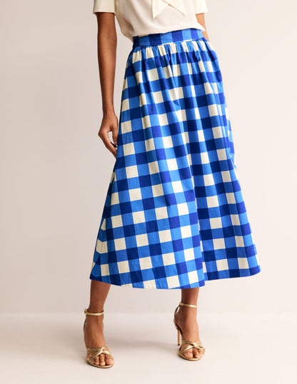 Cotton sateen checked midi skirt