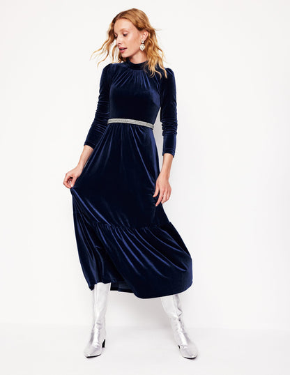 High Neck Tiered Velvet Dress