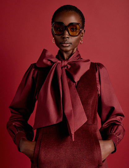 Burgundy Satin Tie Neck Long Sleeve Blouse