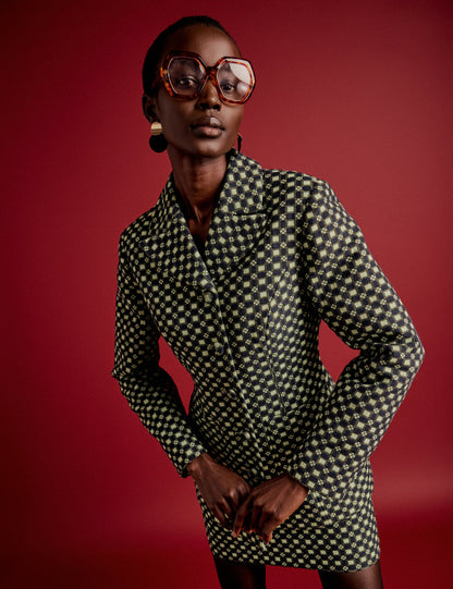 Black and Lime Green Jacquard Checkerboard Fitted Blazer