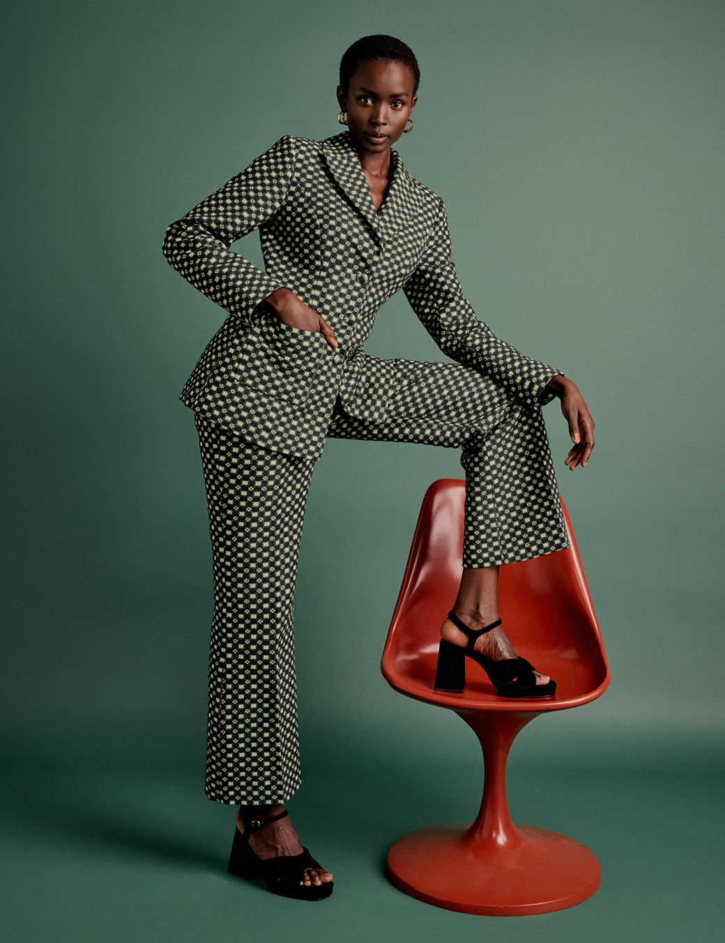 Black and Lime Green Jacquard Checkerboard Tailored Trousers