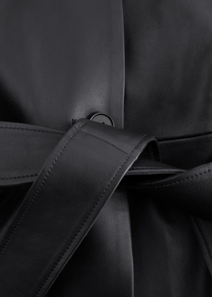 Tie-Belt Leather Coat