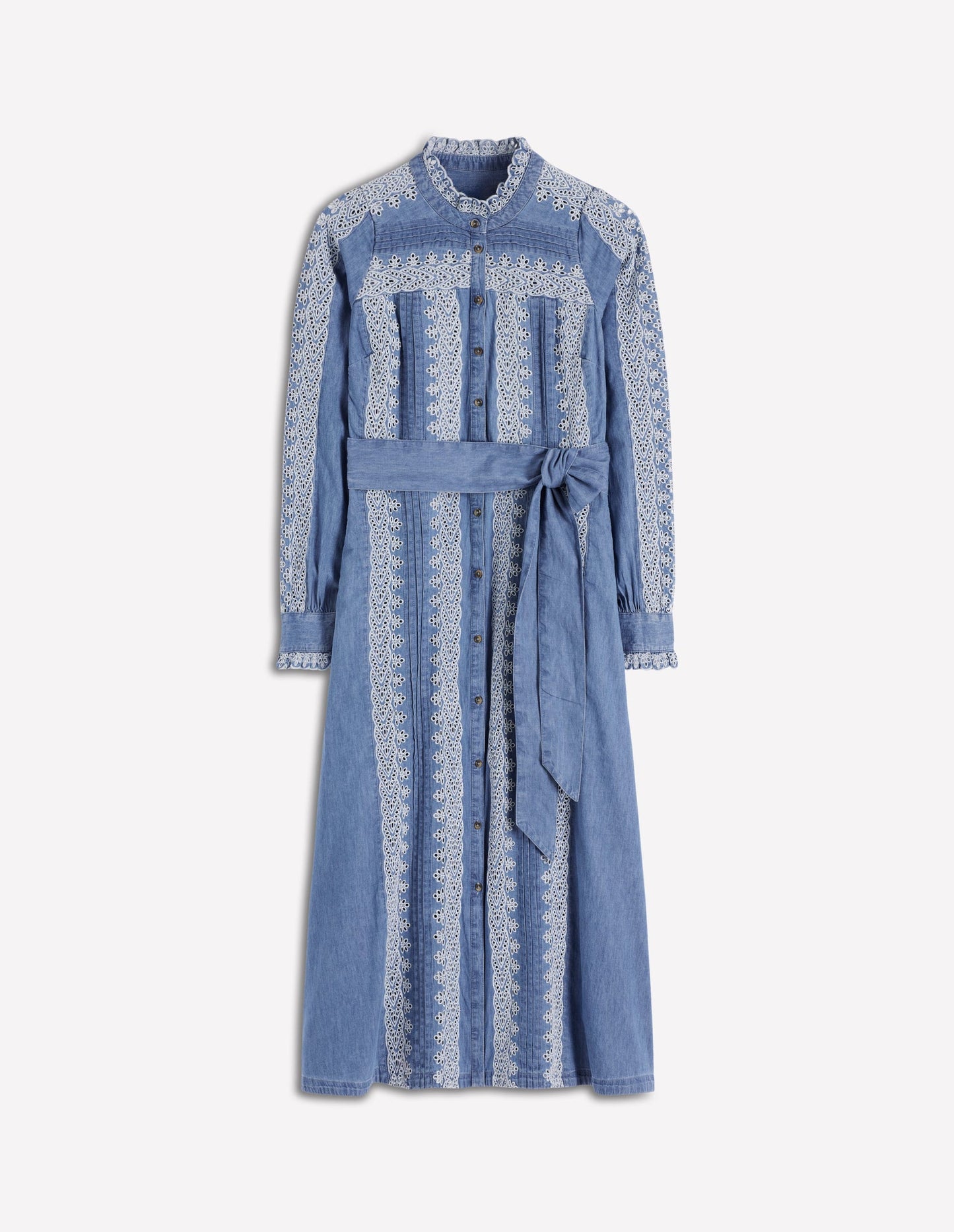 Ruffle Placket Chambray Dress-Light Blue Chambray