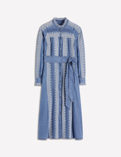 Ruffle Placket Chambray Dress-Light Blue Chambray