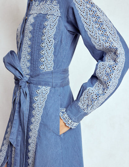 Ruffle Placket Chambray Dress-Light Blue Chambray