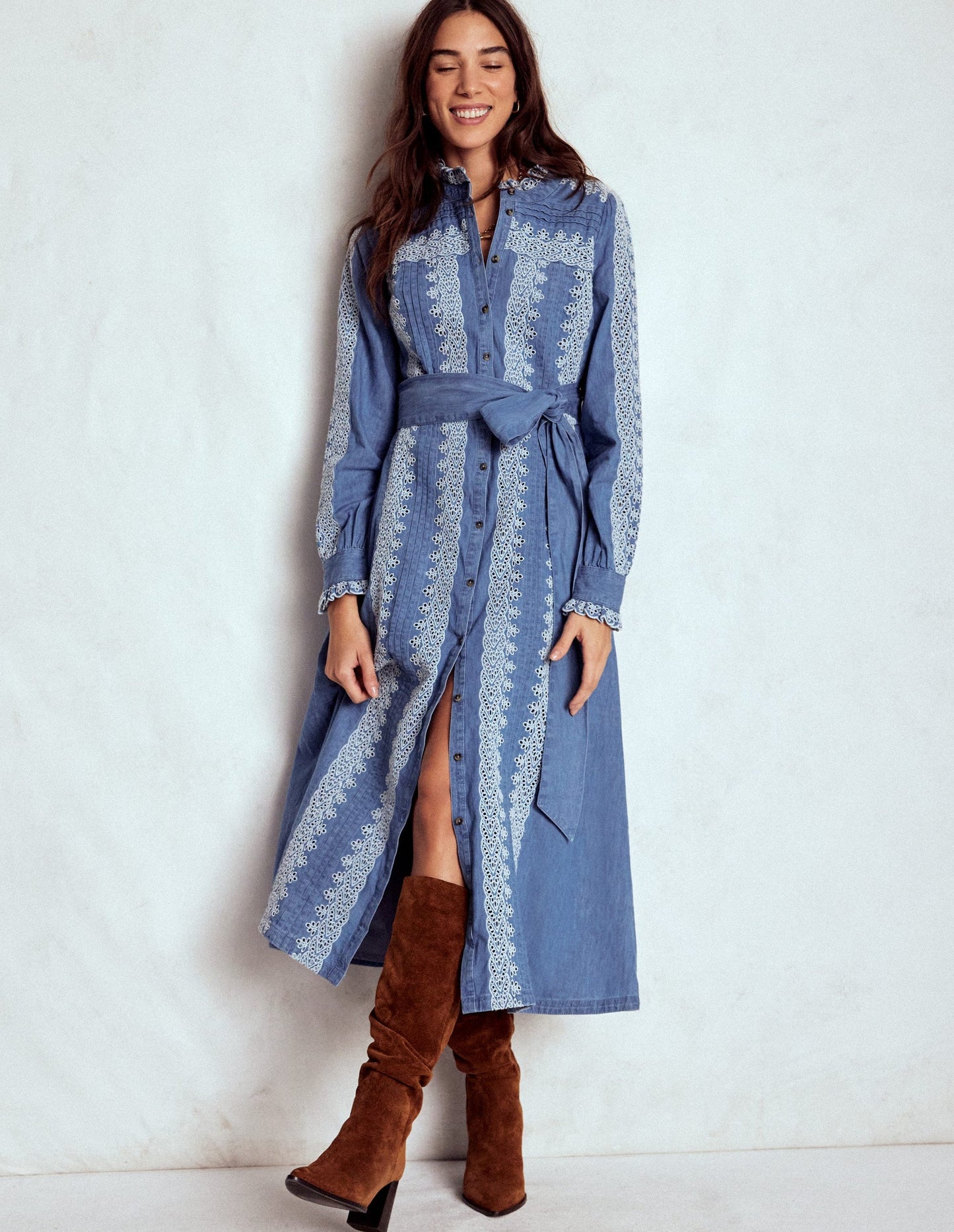 Ruffle Placket Chambray Dress-Light Blue Chambray