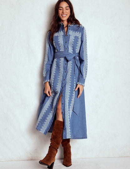 Ruffle Placket Chambray Dress-Light Blue Chambray