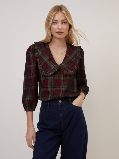 Burgundy Tartan Cord Peter Pan Collar Emmie Blouse