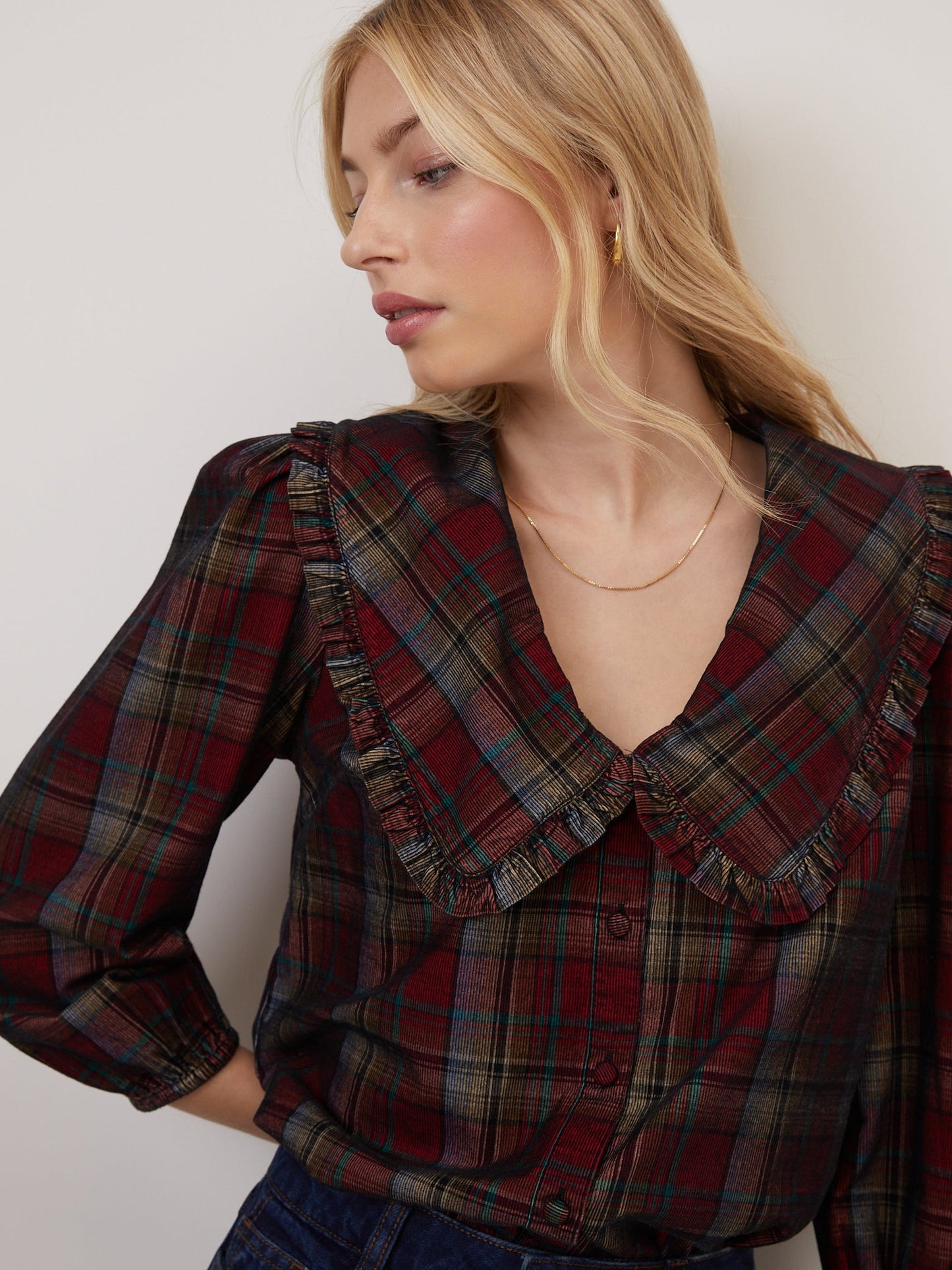 Burgundy Tartan Cord Peter Pan Collar Emmie Blouse