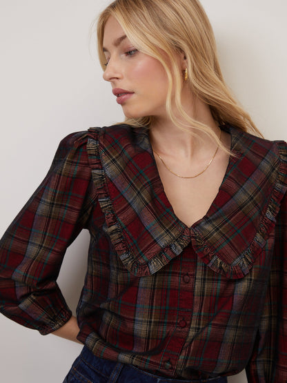 Burgundy Tartan Cord Peter Pan Collar Emmie Blouse