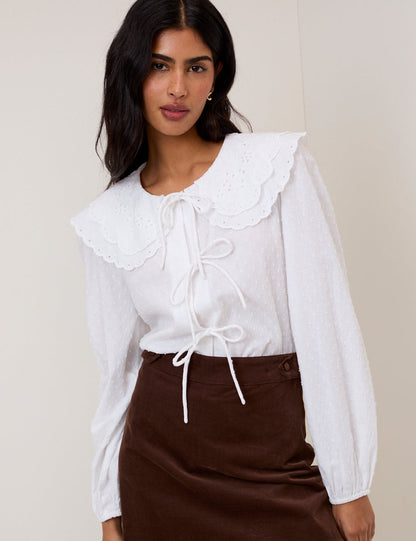 White Peter Pan Collar Tie Front Blouse