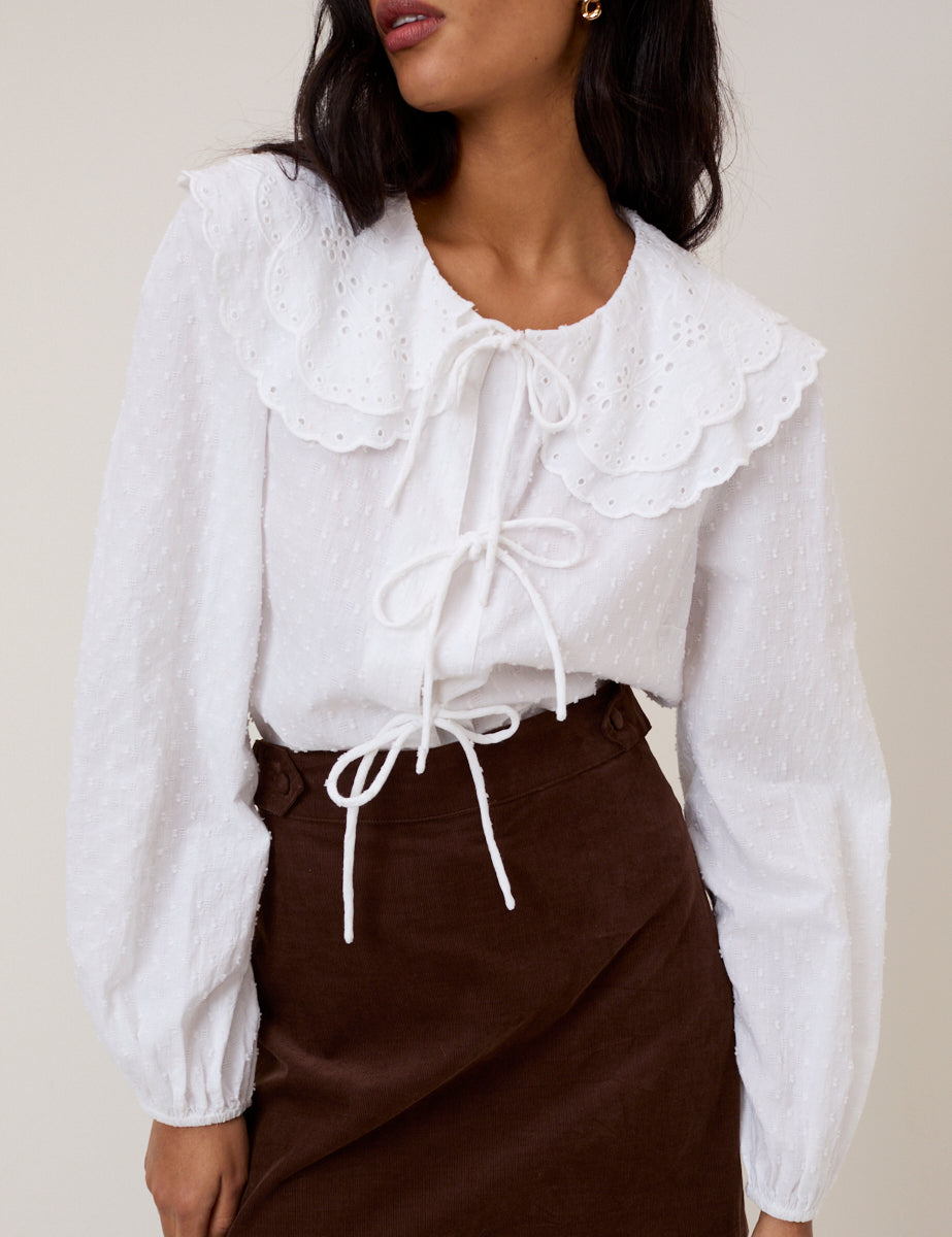 White Peter Pan Collar Tie Front Blouse