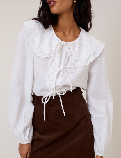 White Peter Pan Collar Tie Front Blouse