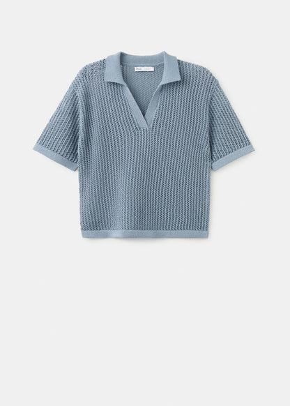 Openwork knitted polo-neck sweater