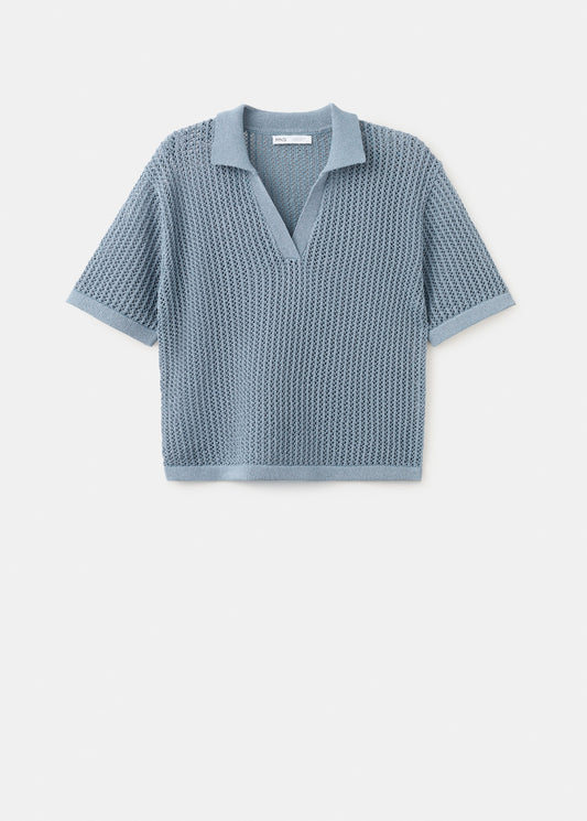 Openwork knitted polo-neck sweater
