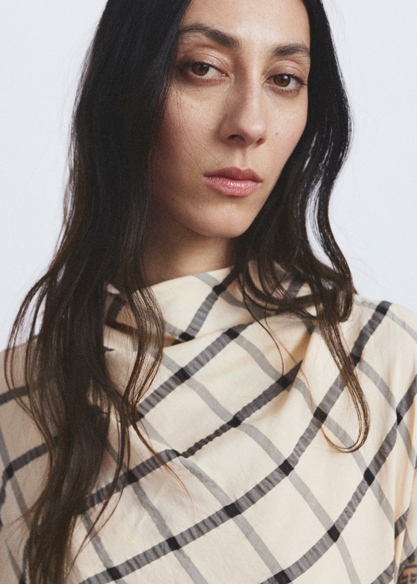 Check dress with draped collar