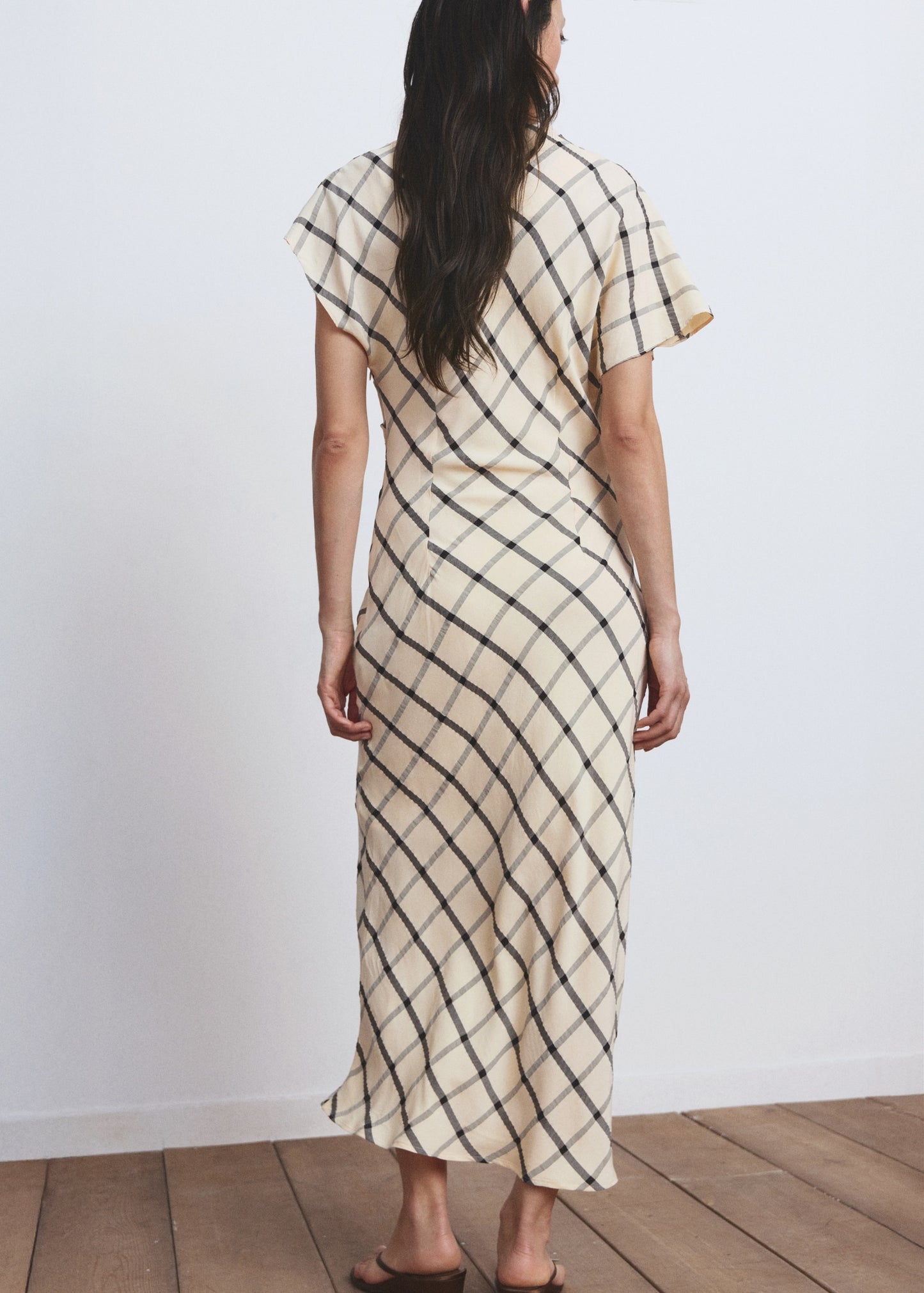 Check dress with draped collar