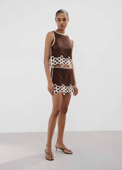 Floral-embroidered crochet top