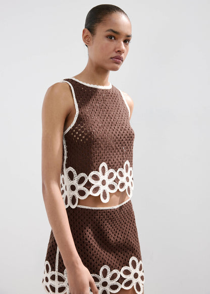 Floral-embroidered crochet top