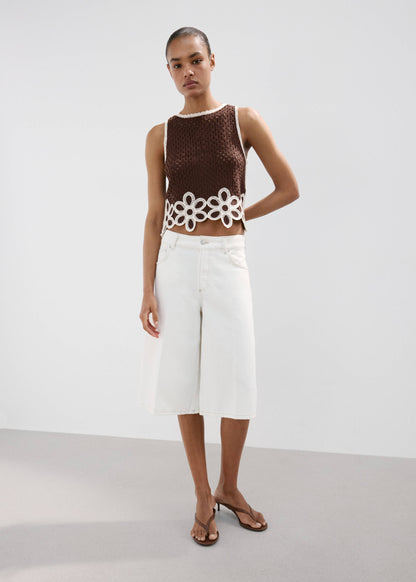 Floral-embroidered crochet top