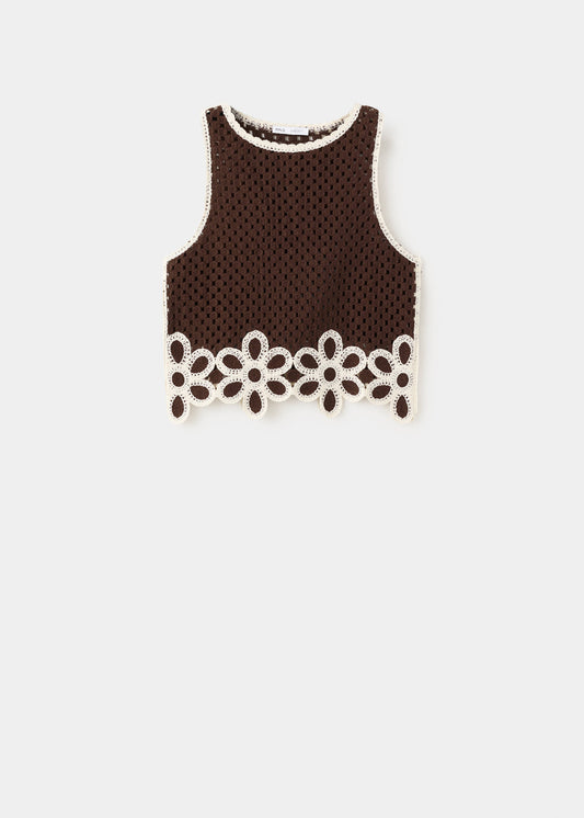 Floral-embroidered crochet top