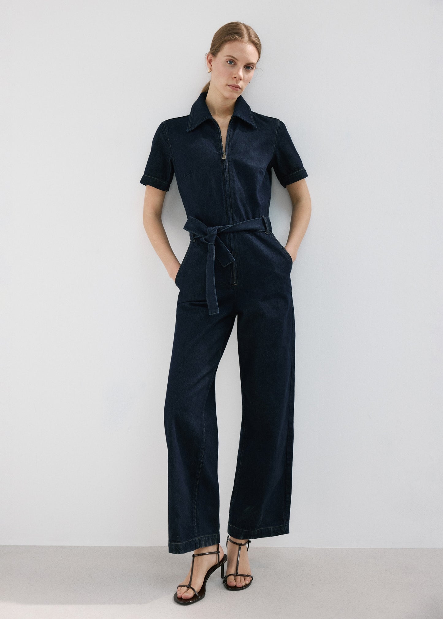 Belt denim jumpsuit