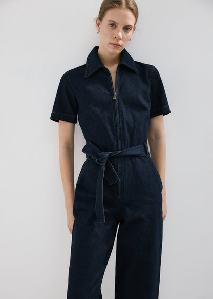 Belt denim jumpsuit