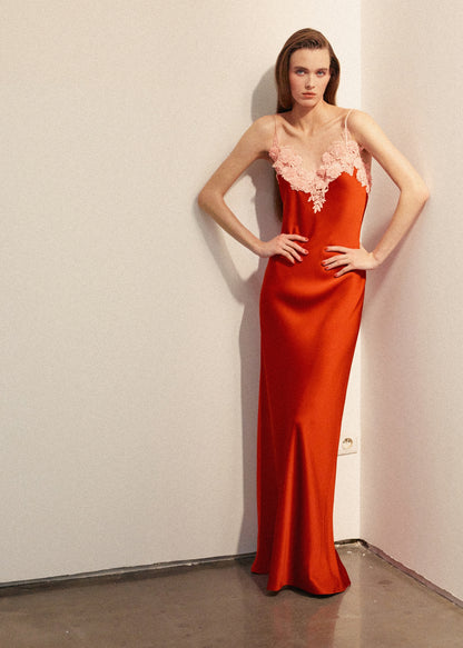 Satin dress with floral appliqués