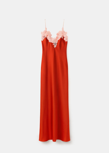 Satin dress with floral appliqués