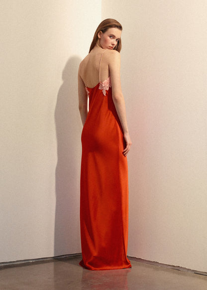 Satin dress with floral appliqués